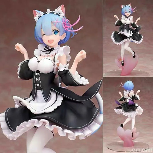 Blue-Haired Cat-Eared Maid Anime Girl Figure (Approx. 21 cm)
