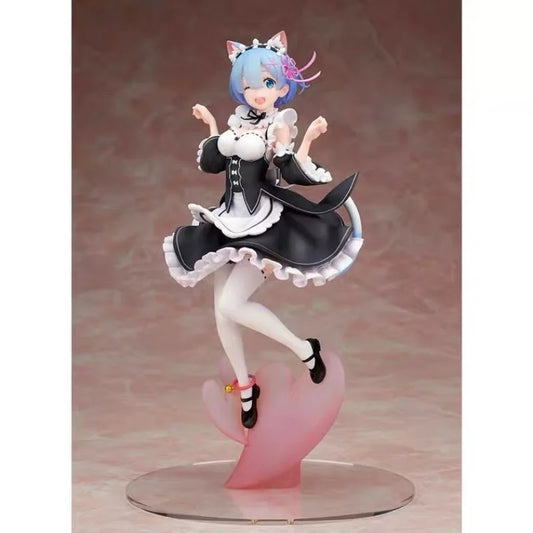 Blue-Haired Cat-Eared Maid Anime Girl Figure (Approx. 21 cm)